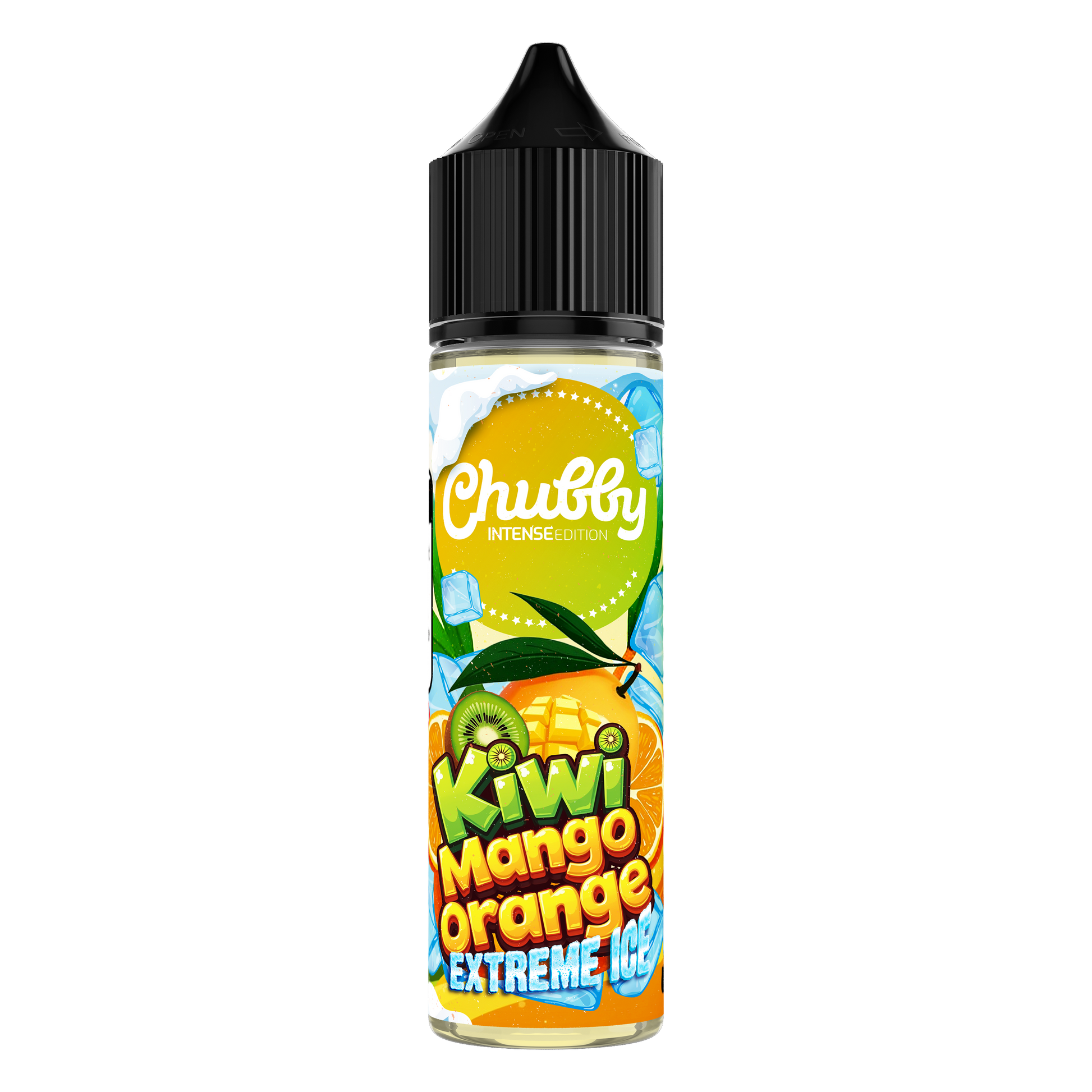Chubby Kiwi Mango Orange Extreme Ice MTL e-liquid bottle, 30ml, with vibrant label showcasing fruity flavor blend and cooling effect.