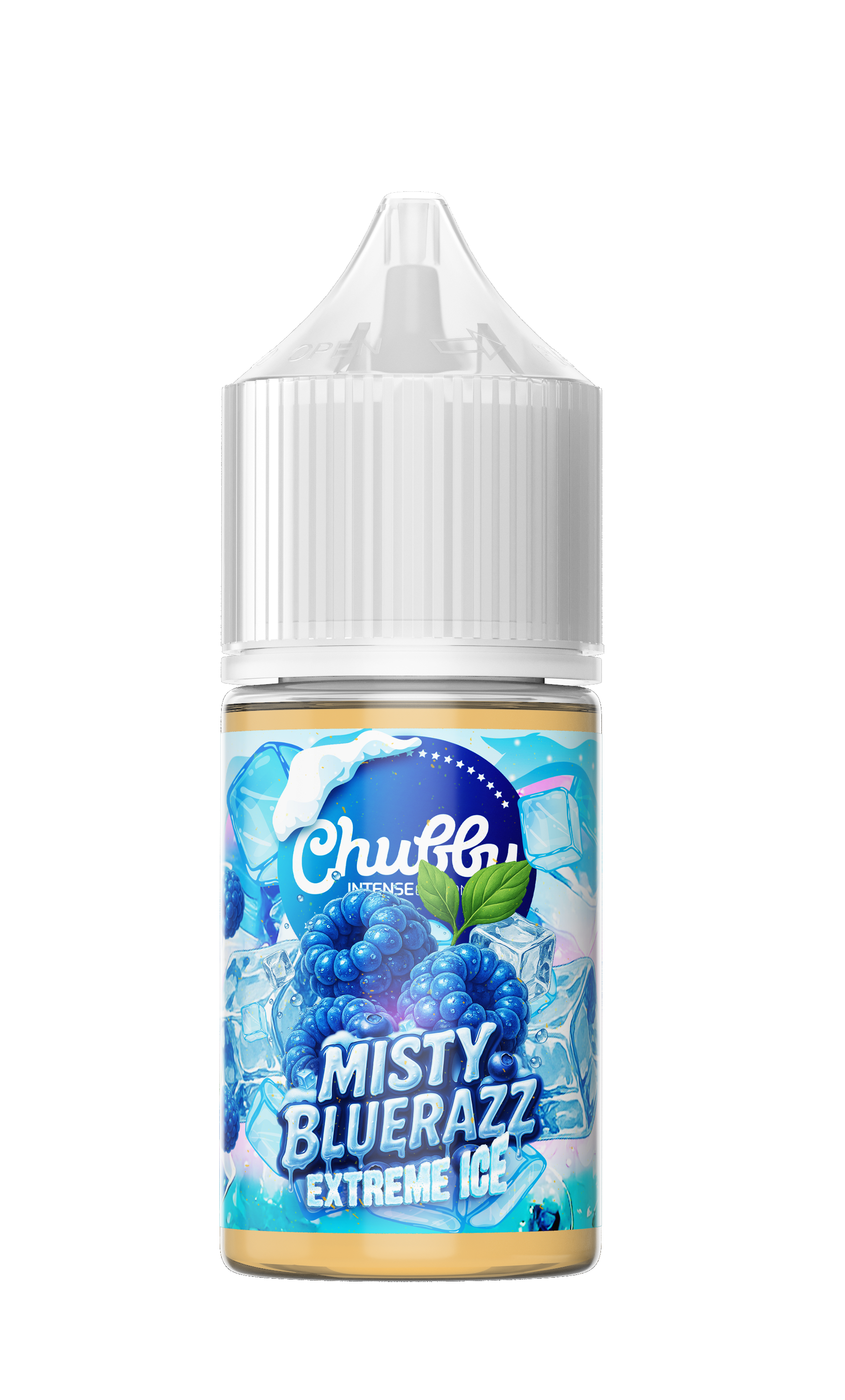 CHUBBY Misty Bluerazz Extreme Ice e-liquid bottle with 30ml capacity and 6mg nicotine, featuring blue raspberry flavor and icy menthol.