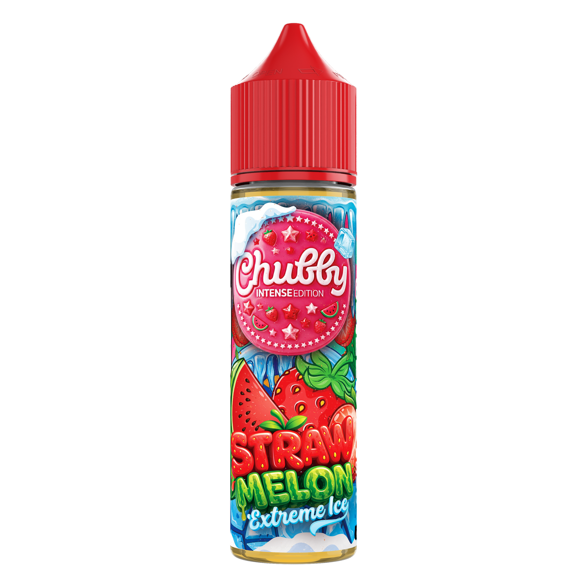Chubby Straw Melon Extreme Ice e-liquid bottle with melon and icy flavor, 30ml, 6mg nicotine, designed for vaping.