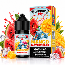 PANDROZA Mango Watermelon Super Cool salt e-liquid bottle with colorful label and cooling design for vaping.