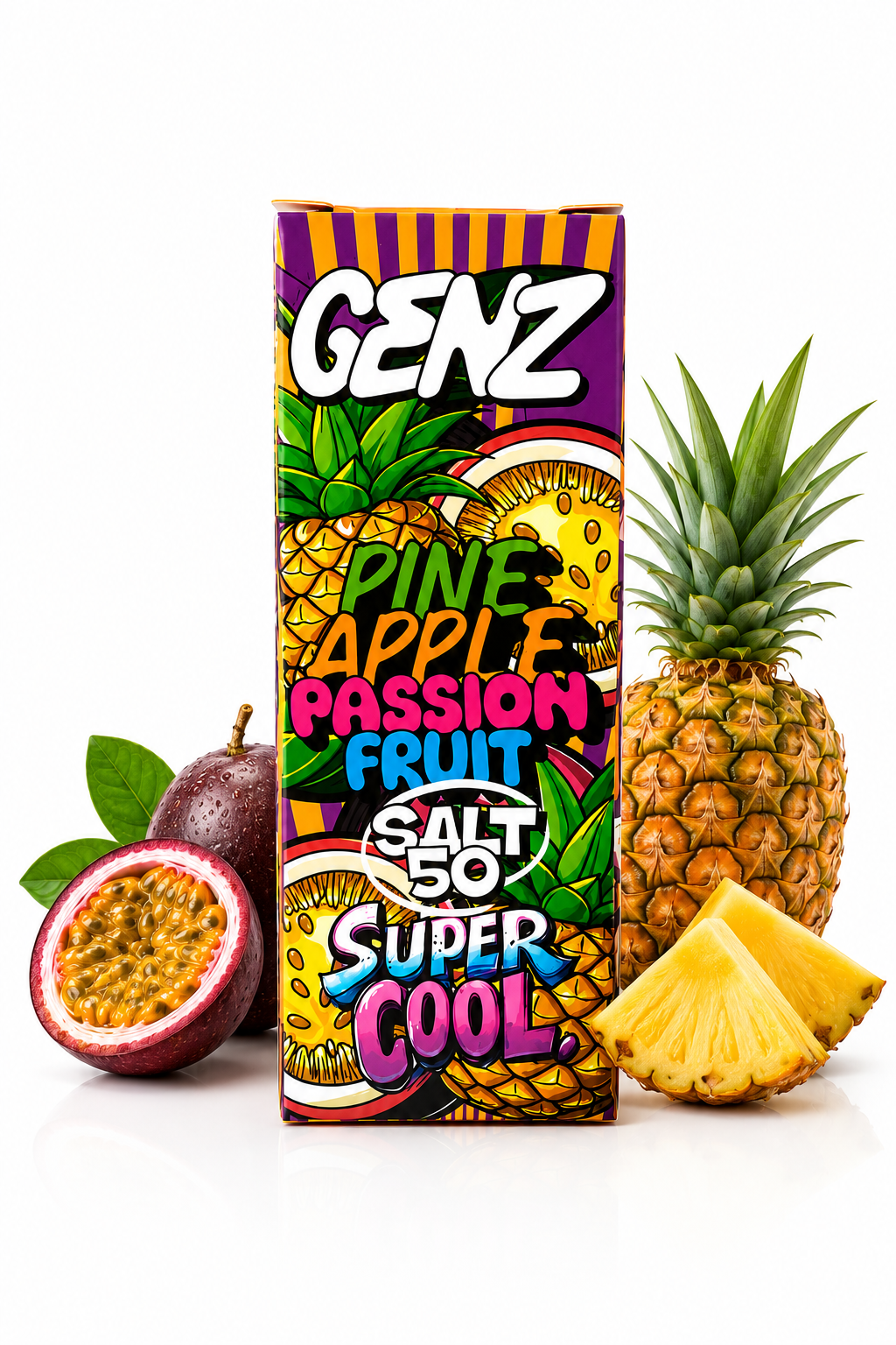 GENZ Pineapple Passion Fruit 30ml Salt Nicotine E-Liquid bottle, tropical flavor, 50mg salt nicotine for vaping.