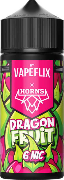 Horns Dragon Fruit E-Liquid in 100ml bottle with dragon fruit flavor, 3mg nicotine strength, from Horns brand.