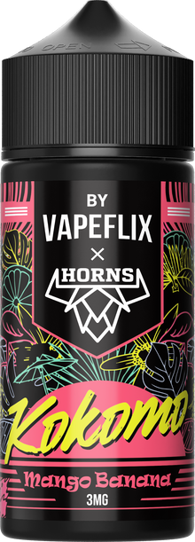 HORNS KOKOMO Mango Banana Ice e-liquid bottle, 100ml, with flavor blend of mango and banana, for vaping.