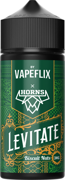 HORNS LEVITATE Biscuit Nuts E-Liquid bottle with packaging, 3mg nicotine, 100ml size, featuring biscuit and nut flavor branding.