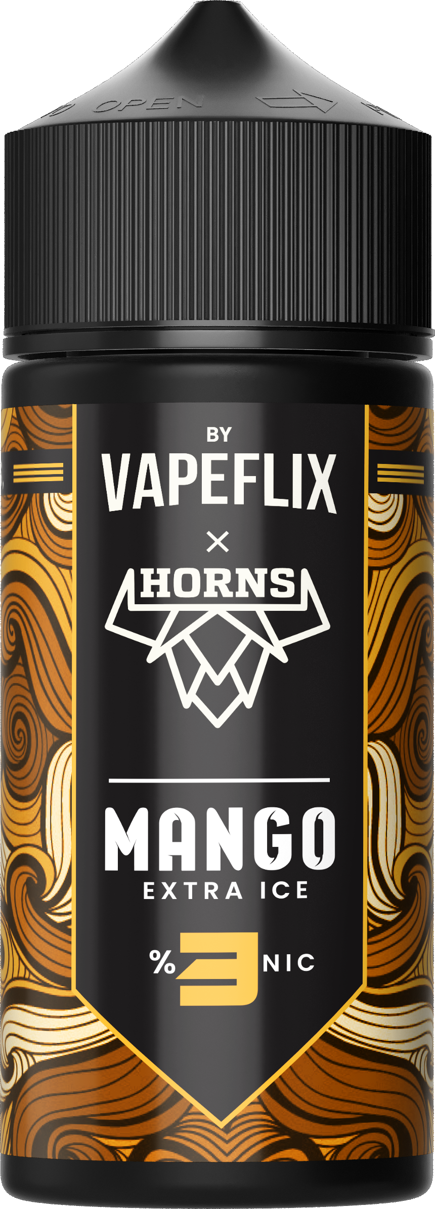 Horns Mango Extra Ice e-liquid bottle with 100ml capacity, featuring vibrant label and branding for flavored vaping.