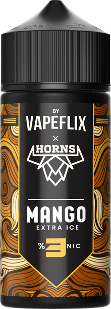 Horns Mango Extra Ice e-liquid bottle with 100ml capacity, featuring vibrant label and branding for flavored vaping.