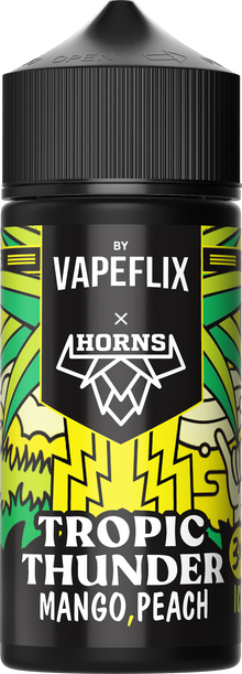 Horns Tropic Thunder Mango Peach Ice e-liquid bottle, 100ml, 3mg nicotine, flavored vape juice with tropical fruit and cool menthol