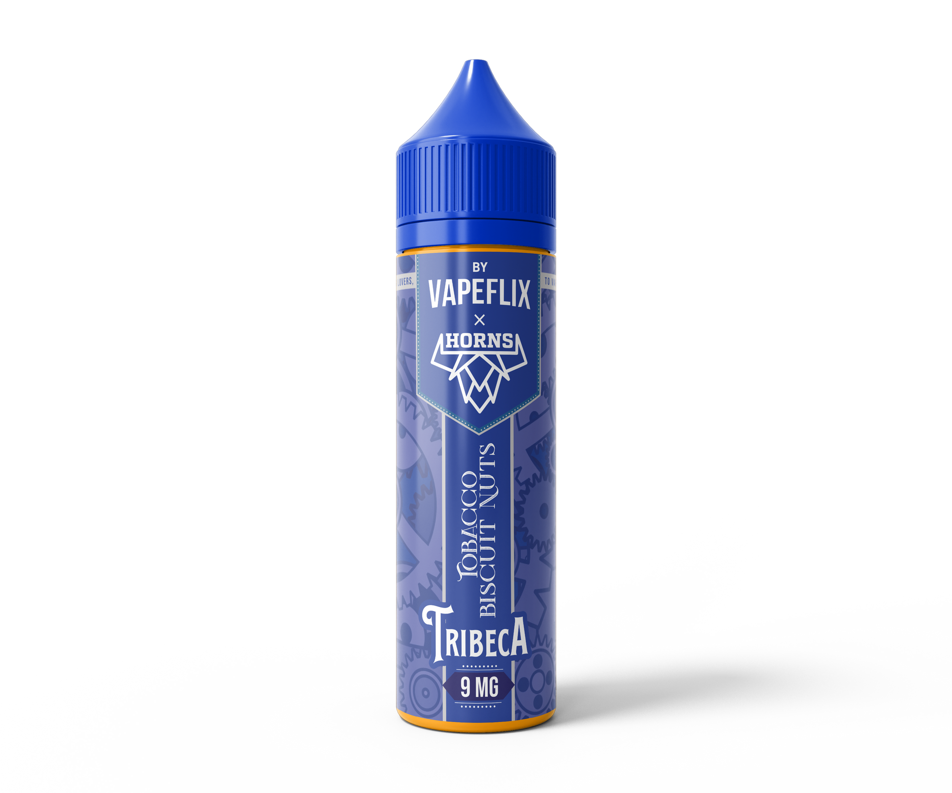 Horns Tribeca Tobacco Biscuit Nuts e-liquid bottle, 60ml, 9mg nicotine, bundle pack with detailed label and branding.