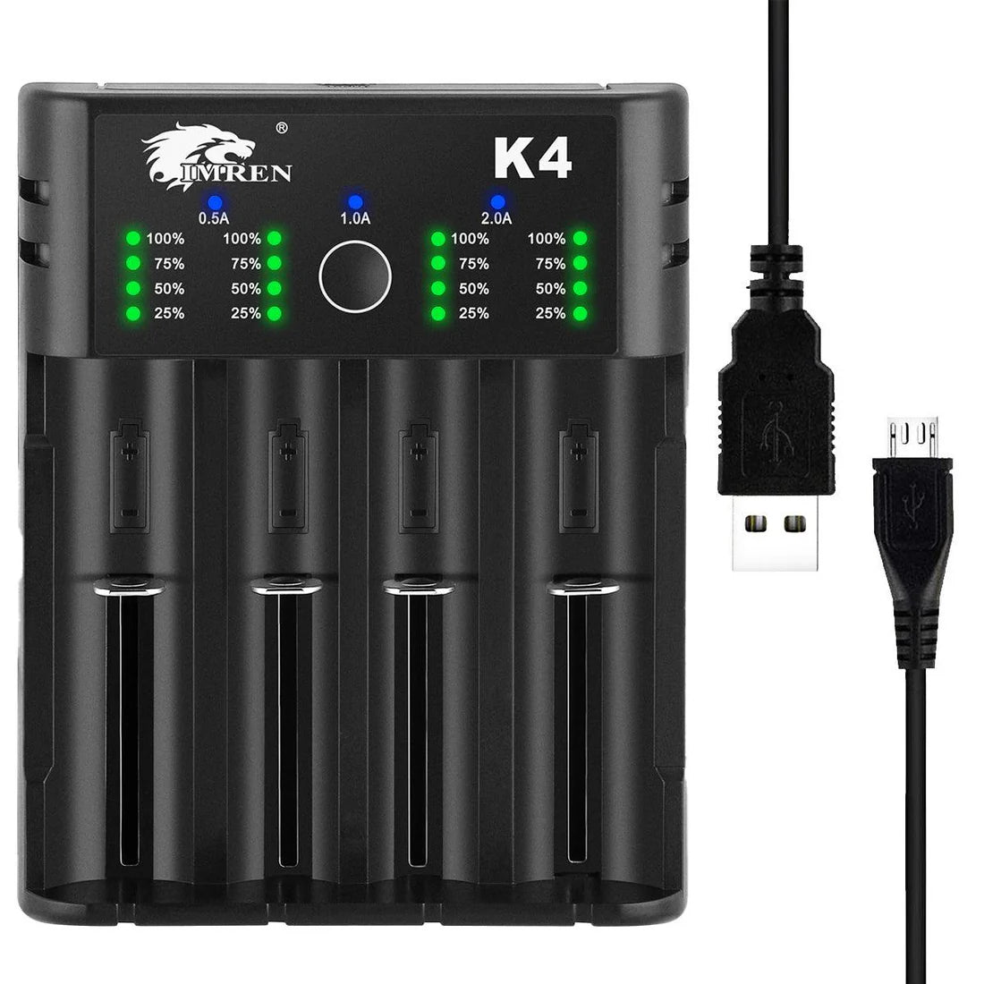 IMREN CHARGER K4 4-slot universal rechargeable Li-ion battery charger with USB port for fast and efficient charging.