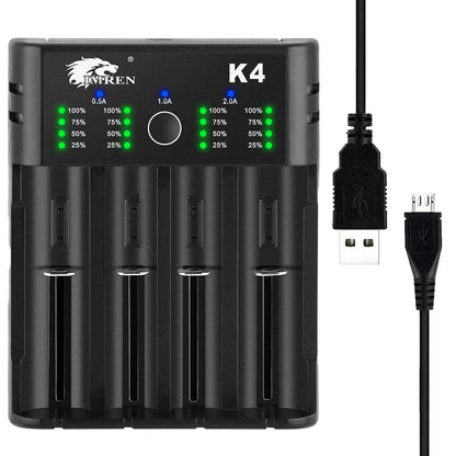 IMREN CHARGER K4 4-slot universal rechargeable Li-ion battery charger with USB port for fast and efficient charging.