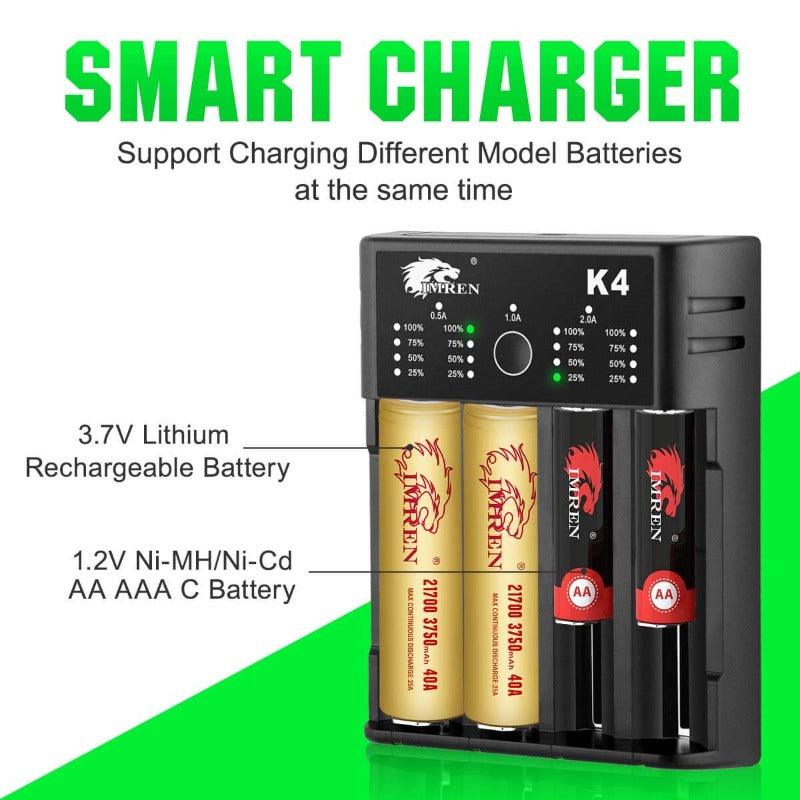 IMREN K4 4-slot universal rechargeable Li-ion battery charger with USB port, shown with batteries inserted and charging ports visible.
