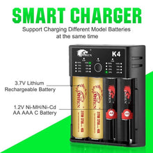 IMREN K4 4-slot universal rechargeable Li-ion battery charger with USB port, shown with batteries inserted and charging ports visible.