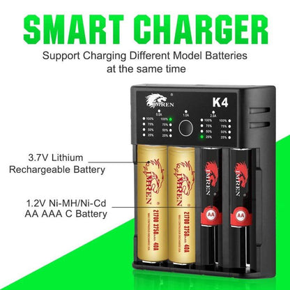 IMREN K4 4-slot universal rechargeable Li-ion battery charger with USB port, shown with batteries inserted and charging ports visible.