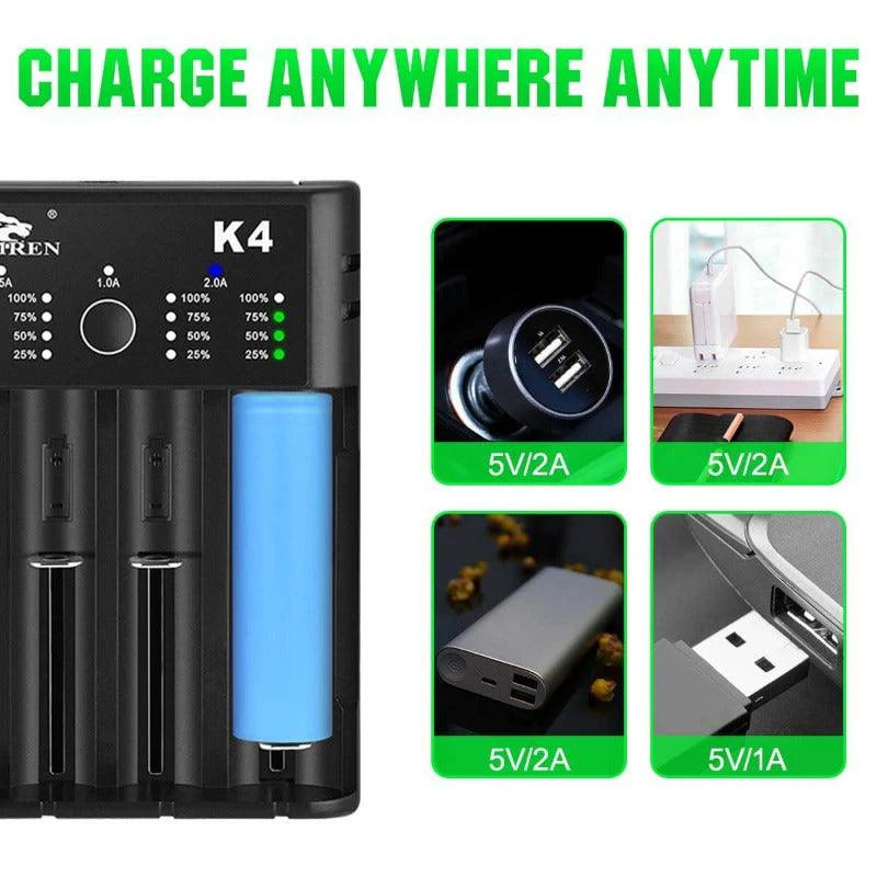 IMREN K4 4-slot universal rechargeable Li-ion battery charger with USB port, shown with batteries inserted and charging ports visible.