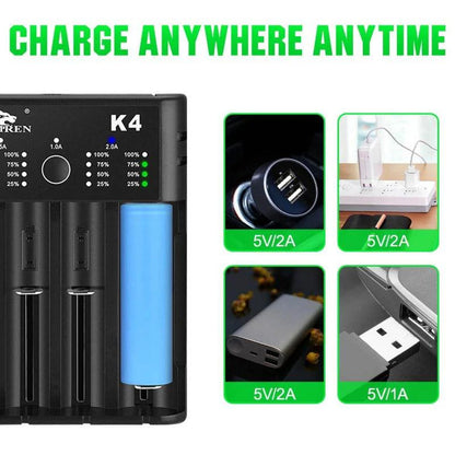 IMREN K4 4-slot universal rechargeable Li-ion battery charger with USB port, shown with batteries inserted and charging ports visible.
