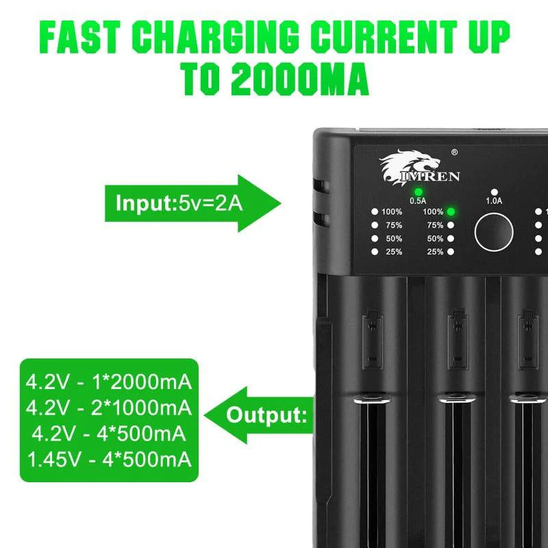 IMREN K4 4-slot universal rechargeable Li-ion battery charger with USB port, shown with batteries inserted and charging ports visible.