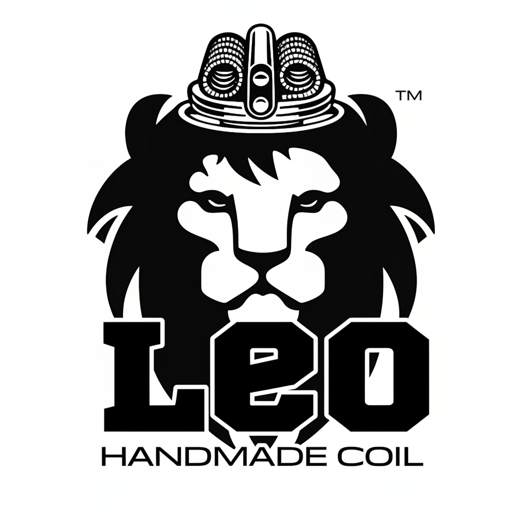 A black and white lion head wearing a cigarette lighter on its head, with the word 'Leo' in large red letters and 'Handmade Coil' in black below, on a white background.