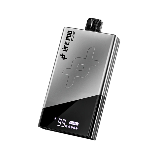 Electric blue LIFE POD ONE 40K disposable vape with Monster Drink flavor, showcasing the sleek design and vibrant color.