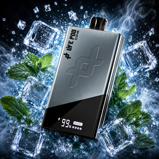 LIFE POD ONE 40K disposable vape with menthol flavor, silver design, and up to 40,000 puffs, featuring 50mg nicotine strength.