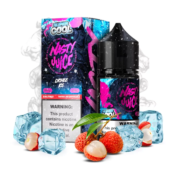 Nasty Juice Lychee Ice vape juice packaging with ice cubes and lychees on a white background