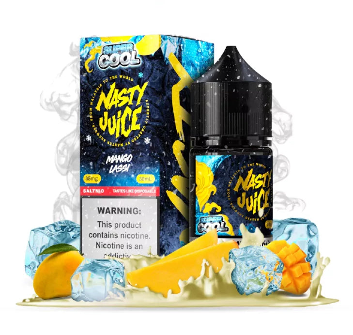 Nasty Juice Mango Lassi vape juice packaging with mangoes and ice cubes on a white background