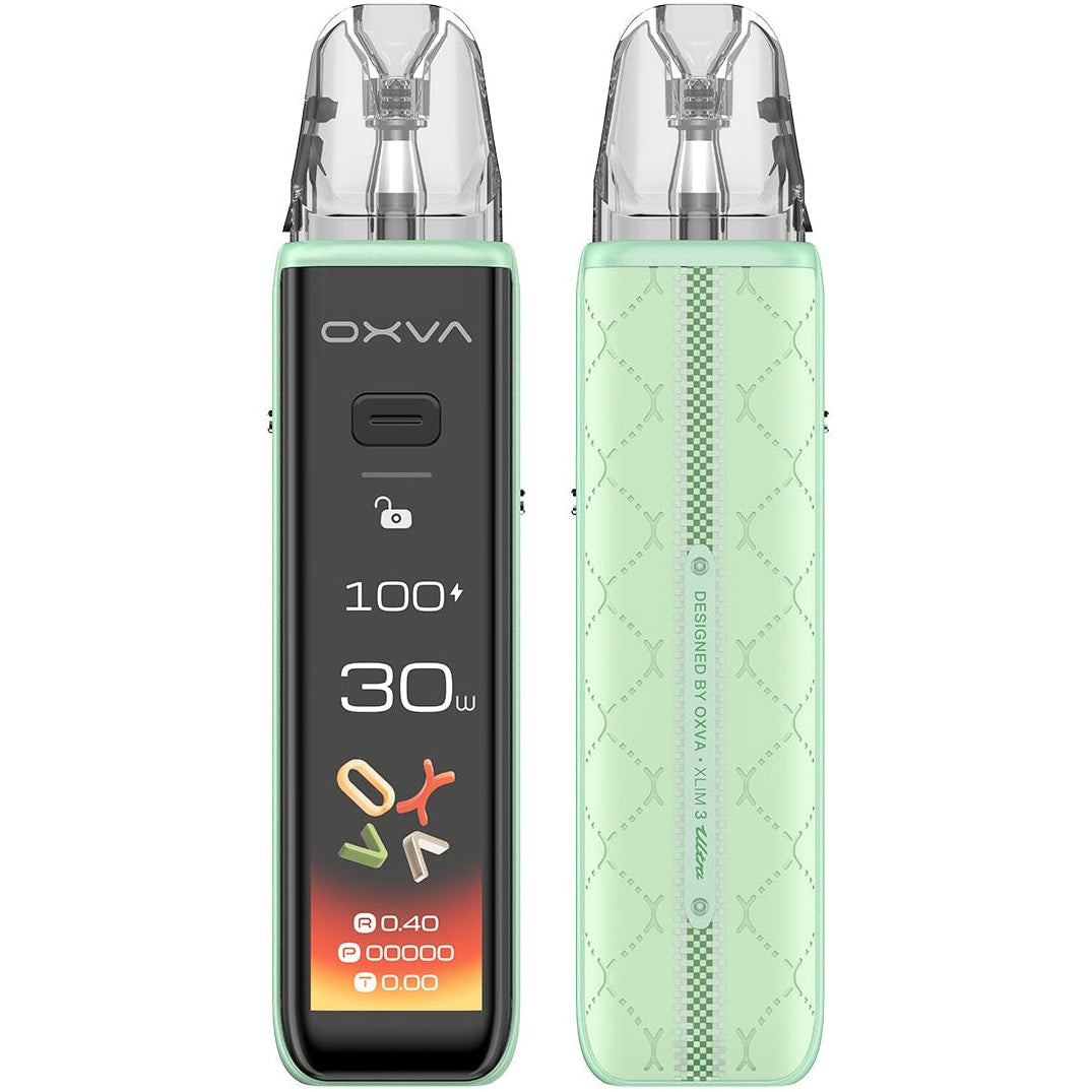 Mint green vape device with digital display on a white background
