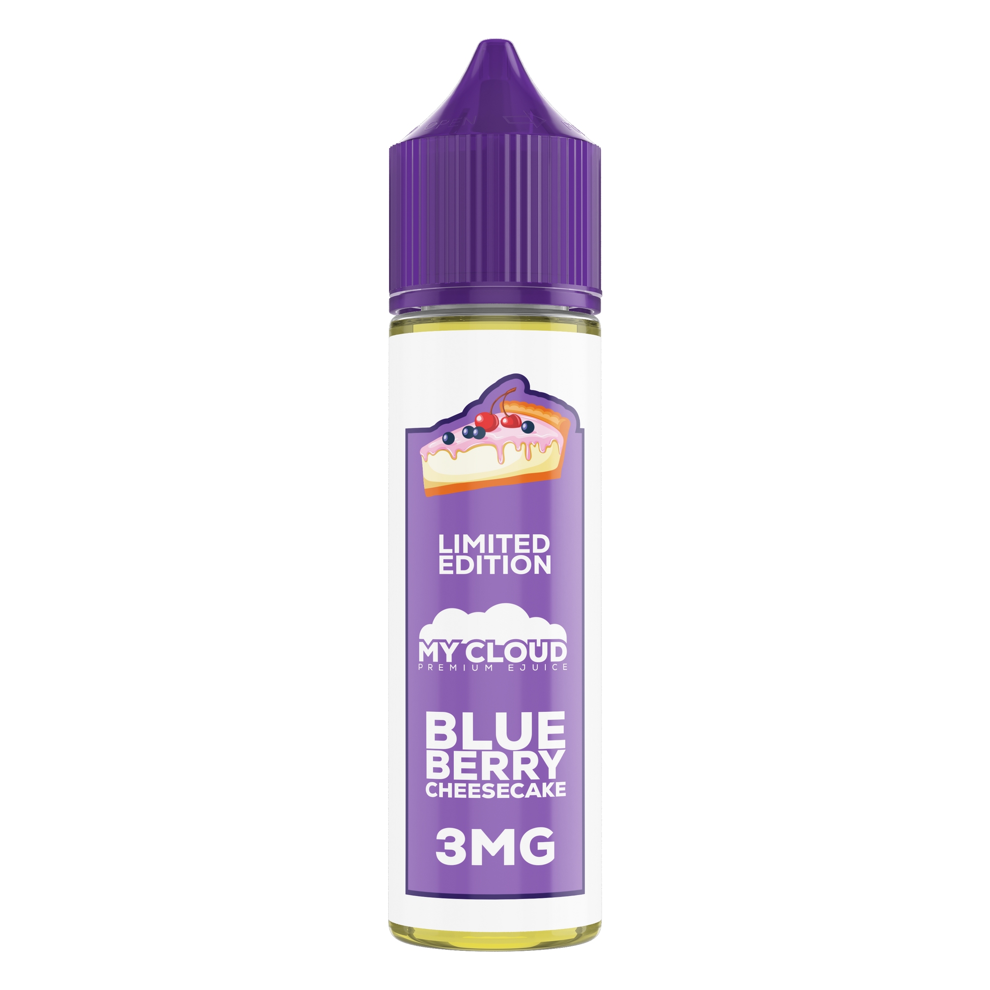 MY CLOUD Blueberry Cheesecake e-liquid bottle, 60ml, featuring blueberry and cheesecake flavor profile in a clear plastic bottle