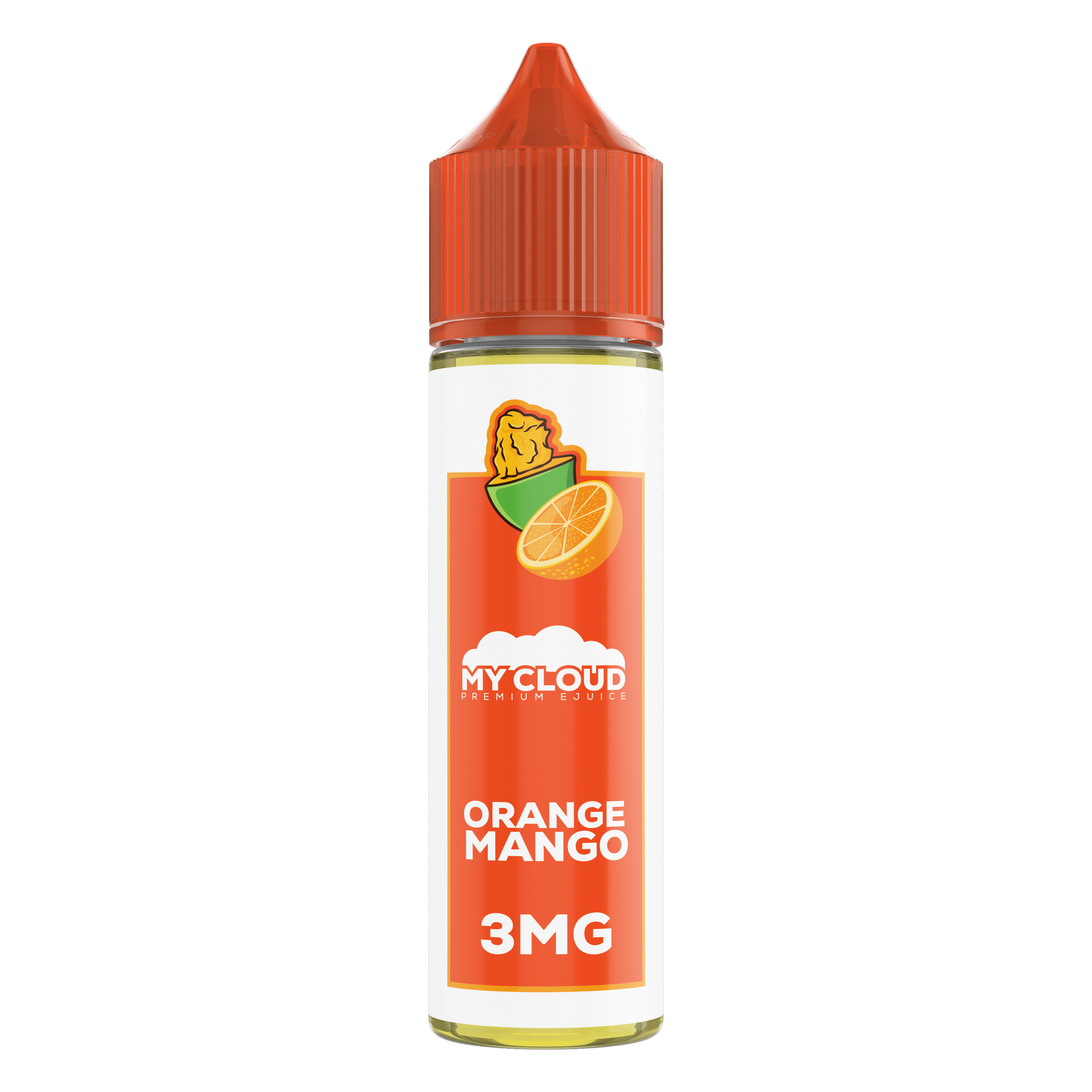 Bottle of MY CLOUD Orange Mango E-Liquid 60ml with vibrant orange and mango flavor label, showing the product packaging.