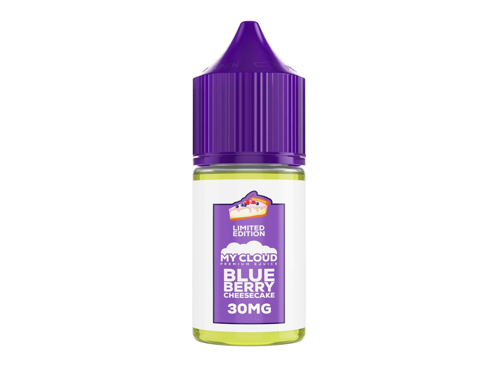MY CLOUD Blueberry Cheesecake Salt E-Liquid bottle with 30ml size and 30mg nicotine salt for vaping.
