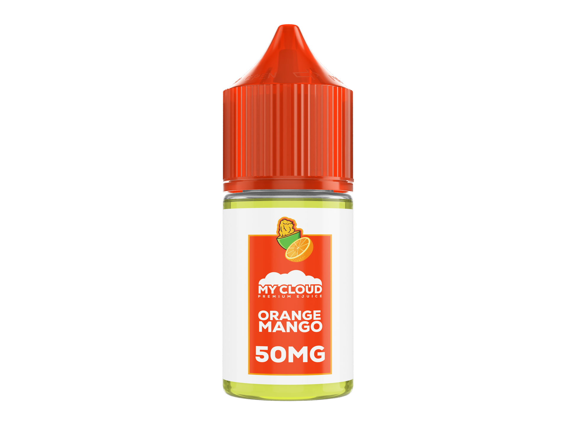 MY CLOUD Orange Mango Salt E-Liquid 30ml bottle with vibrant orange and mango flavor label, 30mg nicotine strength.