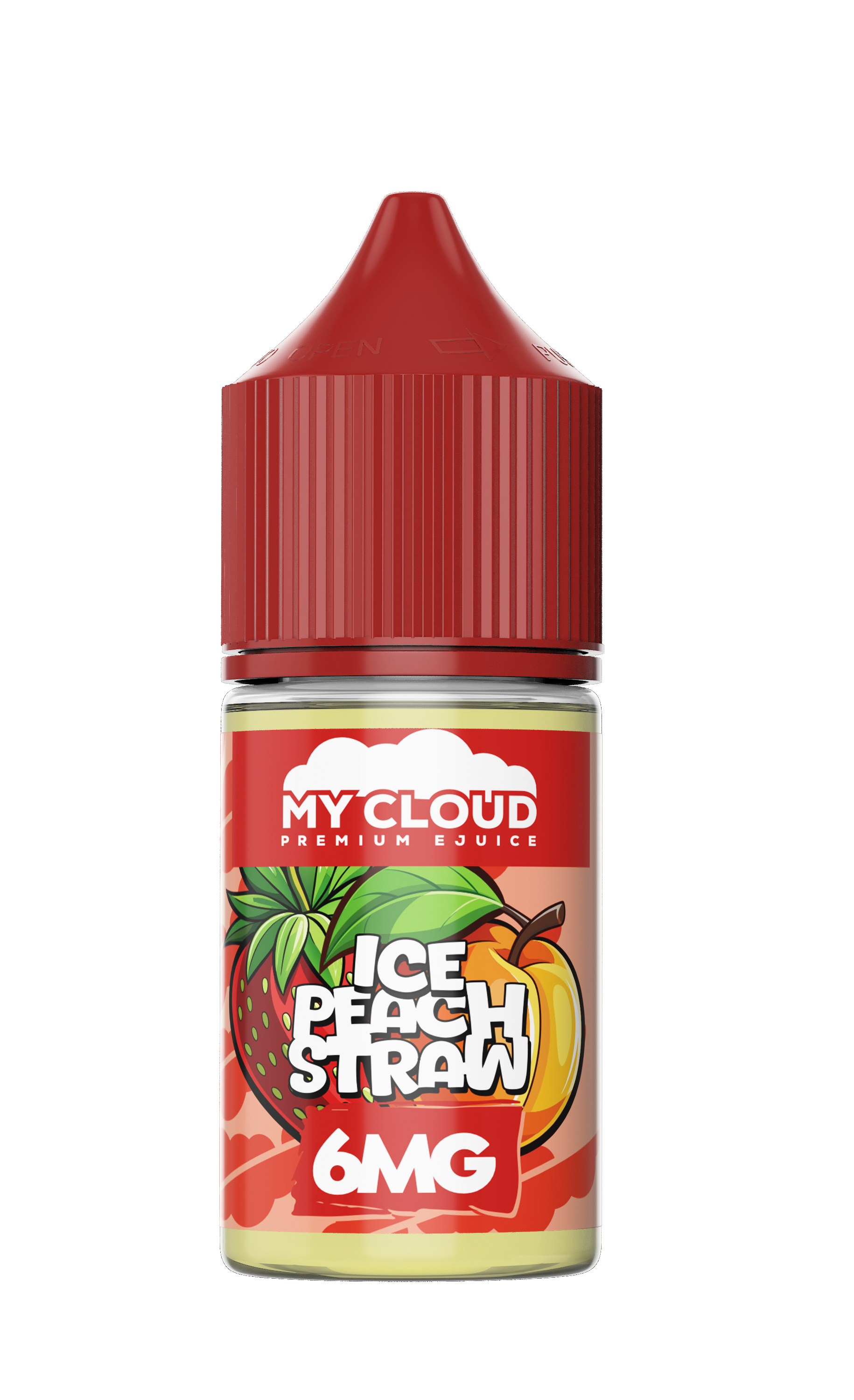 MY CLOUD Peach Straw Ice Salt E-Liquid 30ml bottle with peach, strawberry, and menthol flavor for vaping.