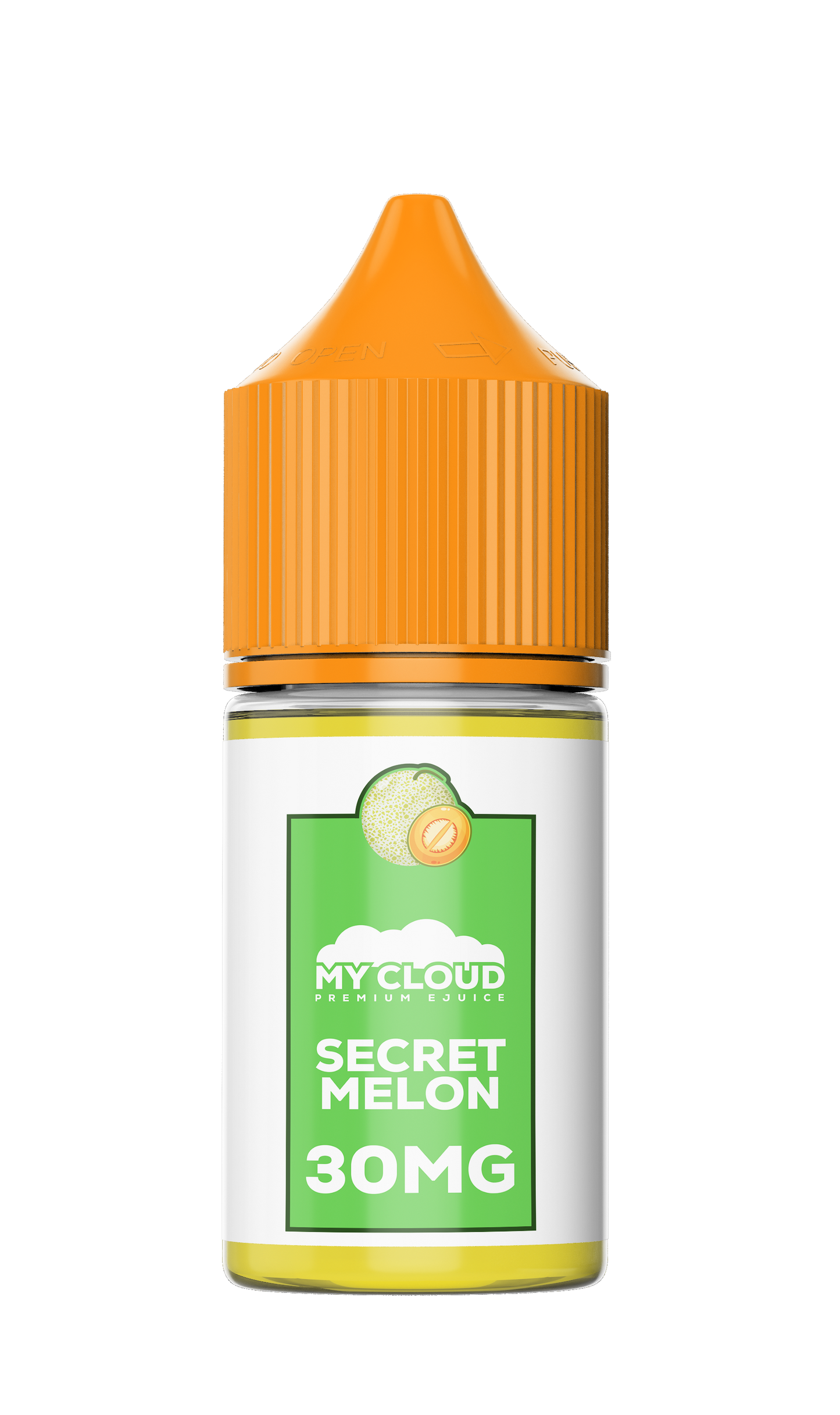 MY CLOUD Secret Melon Salt E-Liquid bottle with 30ml size and 30mg nicotine strength, featuring vibrant melon flavor.