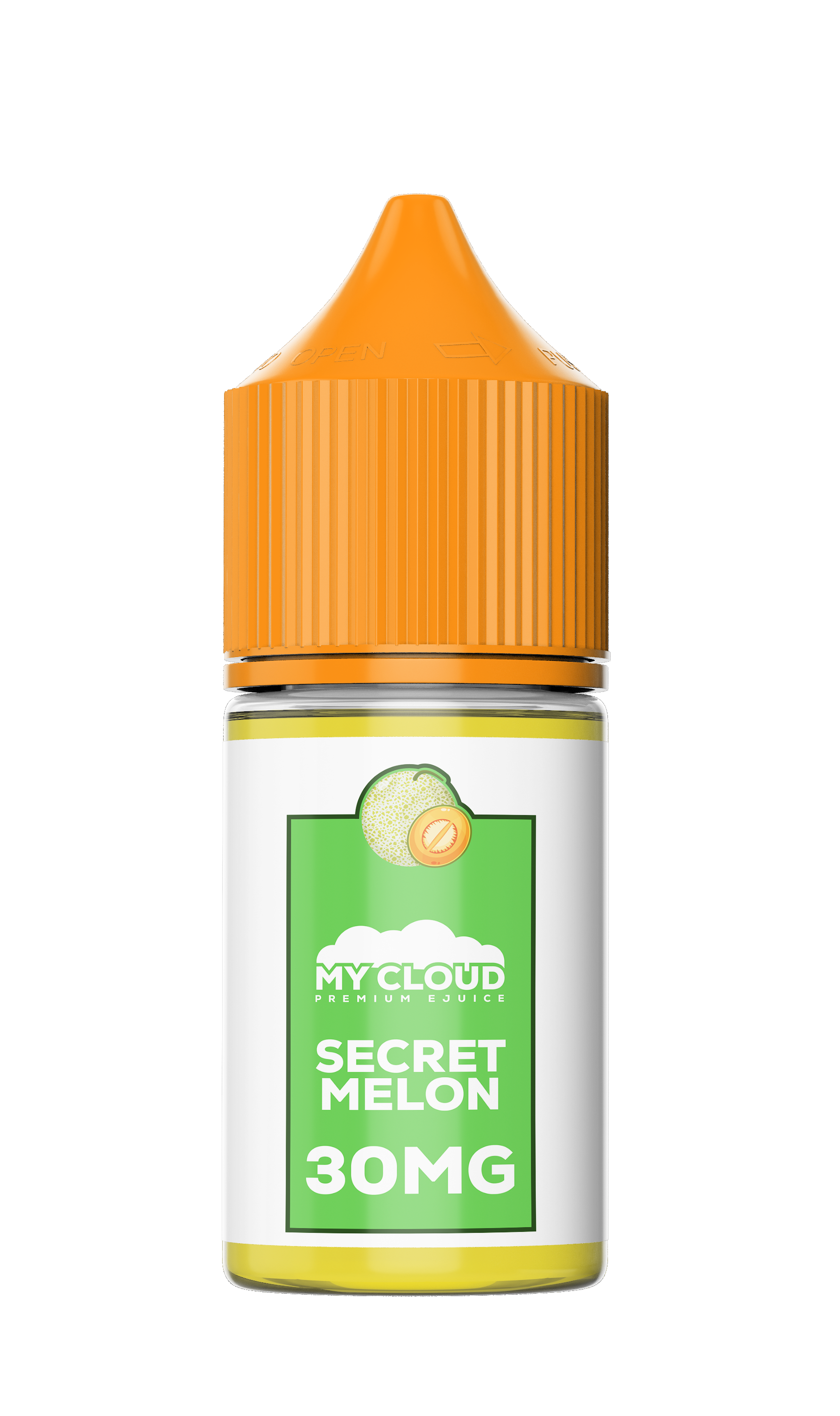 MY CLOUD Secret Melon Salt E-Liquid bottle with 30ml size and 30mg nicotine strength, featuring vibrant melon flavor.