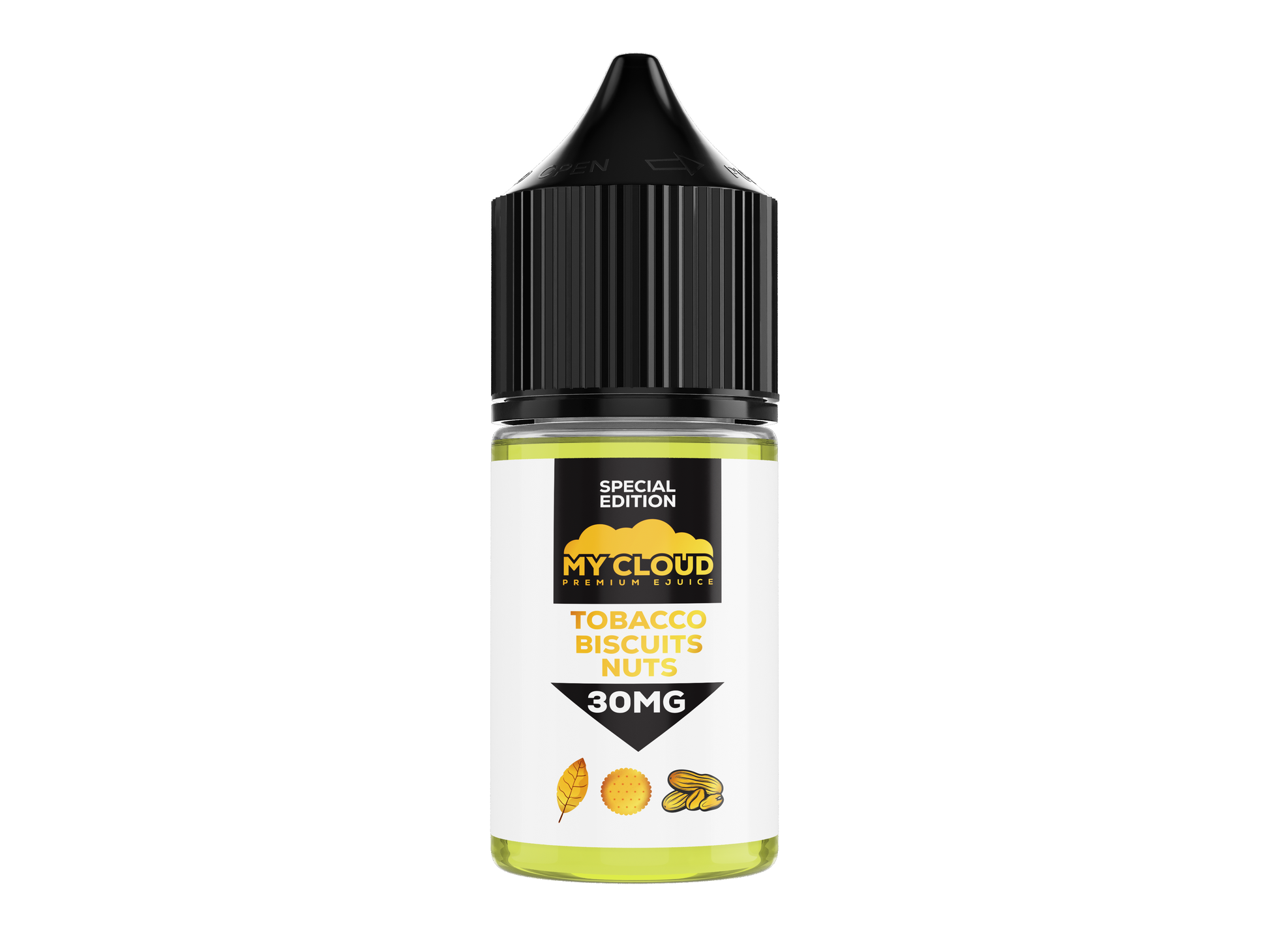 MY CLOUD Tobacco Biscuits Nuts Salt e-liquid bottle with 30ml size and 30mg nicotine salt, featuring tobacco, biscuit, and nut flavors.