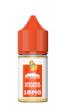 Bottle of MY CLOUD Orange Mango MTL e-liquid with 30ml label, featuring bright orange and mango imagery.
