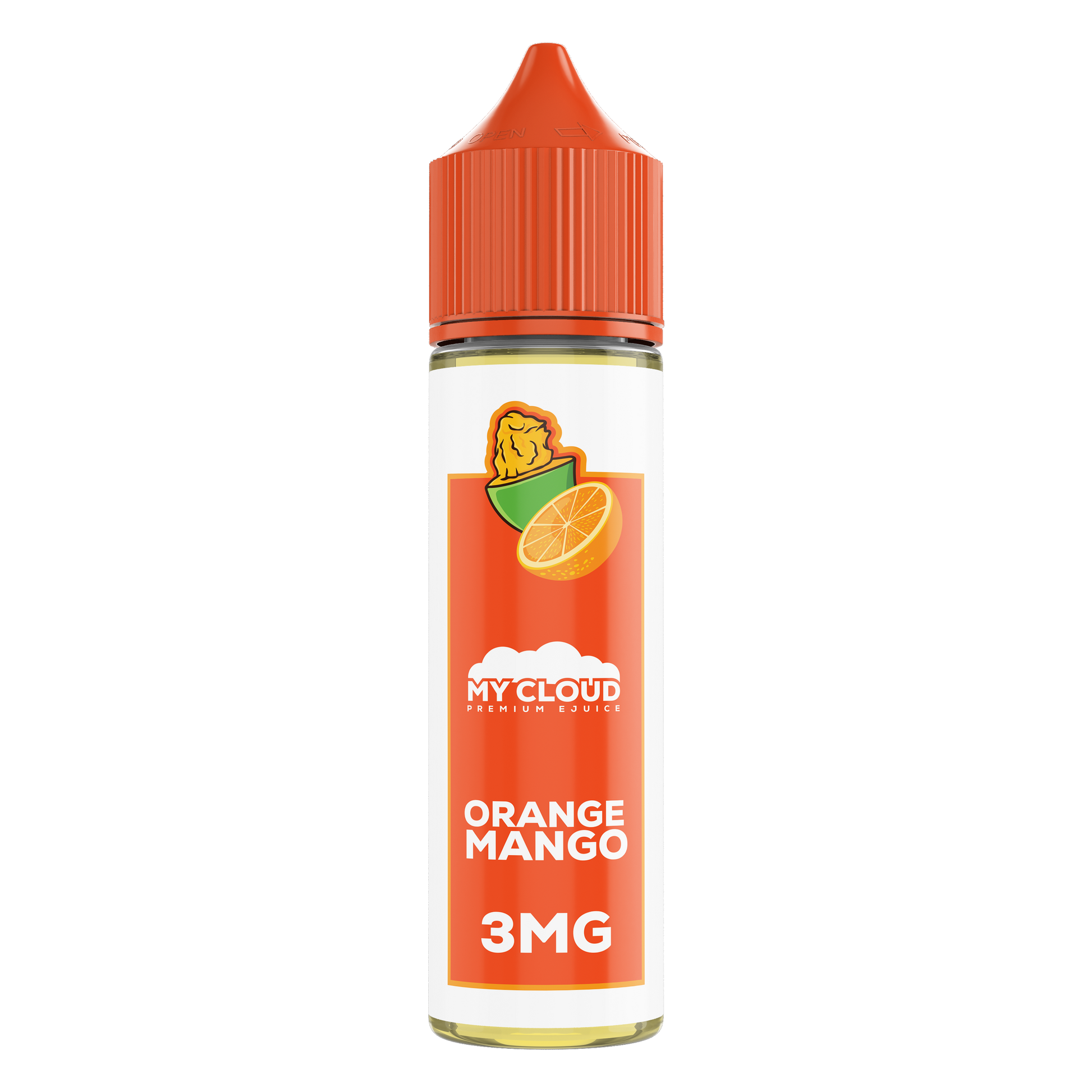 MY CLOUD Orange Mango MTL e-liquid bottle with orange and mango flavor, 30ml size, nicotine strength 6mg.