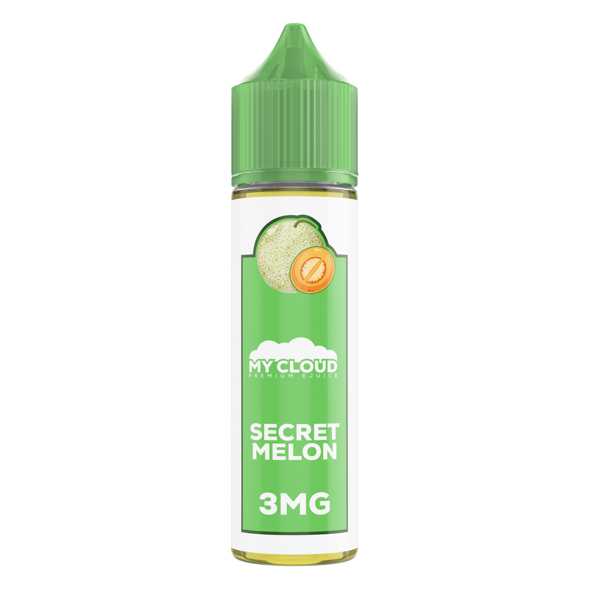 MY CLOUD Secret Melon MTL e-liquid bottle with 30ml capacity and 6mg nicotine, featuring a vibrant melon flavor.