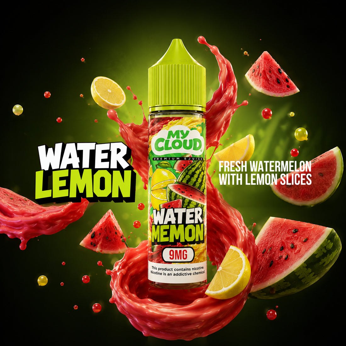 A bottle of My Cloud Water Lemon e-liquid centered against a dark background with dynamic watermelon and lemon slice graphics and red splash effects. The label reads 'WATER LEMON', 'FRESH WATERMELON WITH LEMON SLICES', and '9MG'.