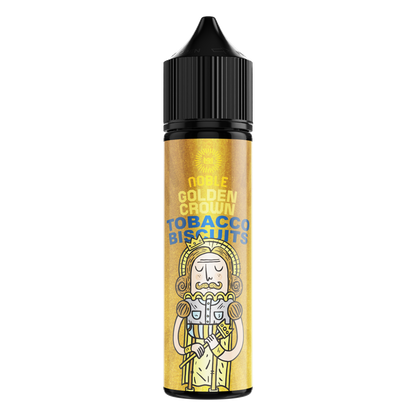 Noble Golden Crown Tobacco Biscuits e-liquid bottle for MTL vaping, 60ml with 6mg nicotine strength, featuring golden crown and tobacco biscuit design