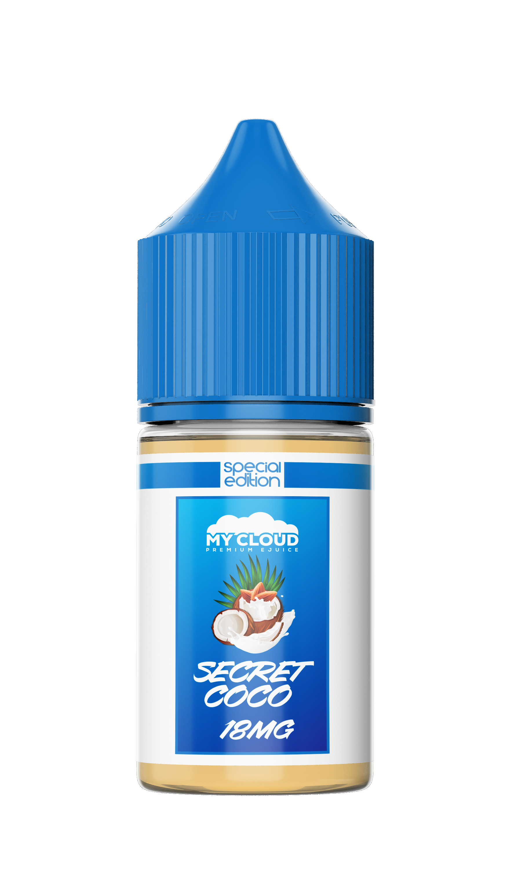 Vape juice bottle with blue cap and label on a white background