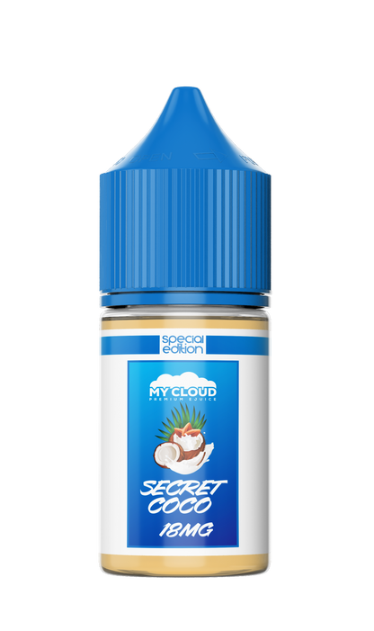 Vape juice bottle with blue cap and label on a white background