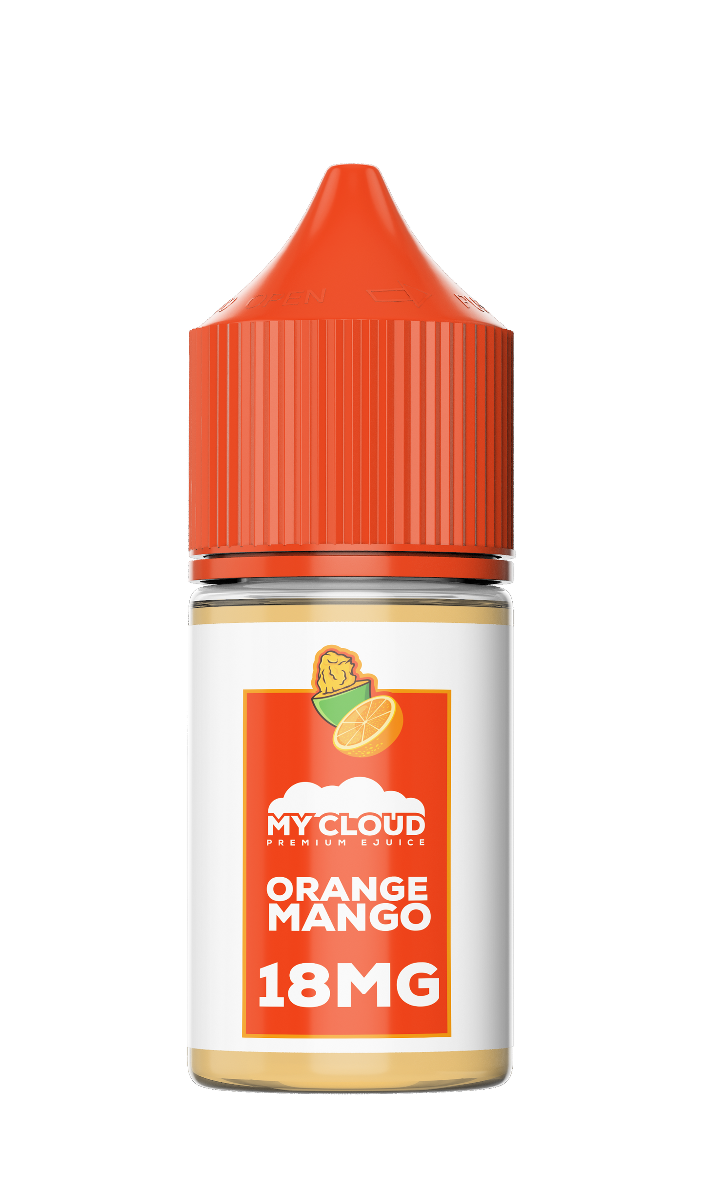 Orange mango vape juice bottle with 'My Cloud' branding on a white background