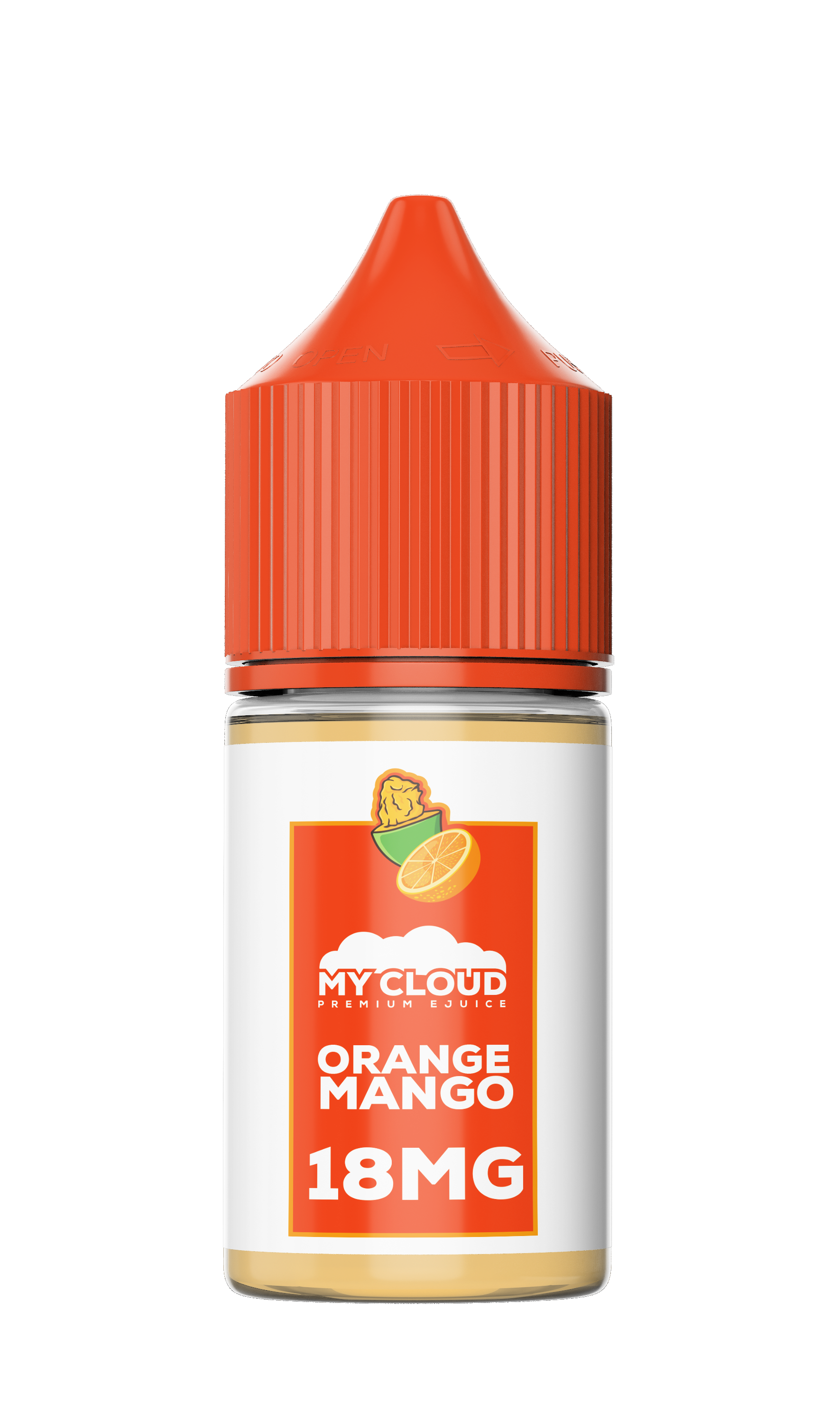 Orange mango vape juice bottle with 'My Cloud' branding on a white background