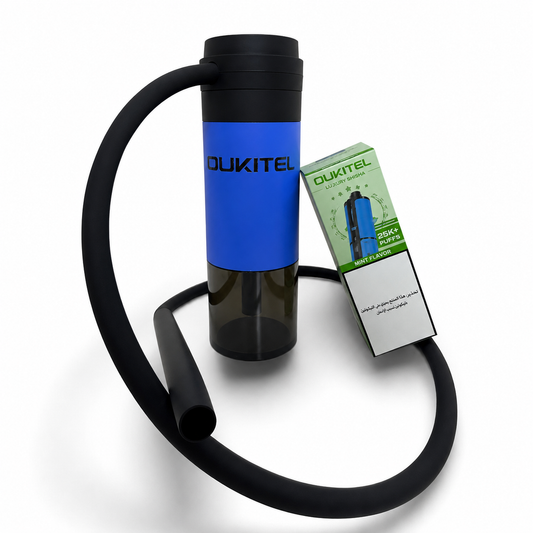 OUKITEL MATE 35K disposable luxury shisha in blue with sleek design, featuring mouthpiece and hose for flavorful smoking experience.