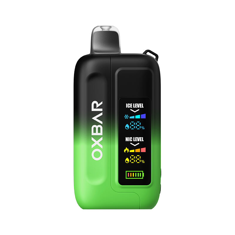 Disposable OXBAR ICE-NIC CONTROL 35K Puffs vape in green apple flavor with salt nicotine, showing the sleek device and flavor label.