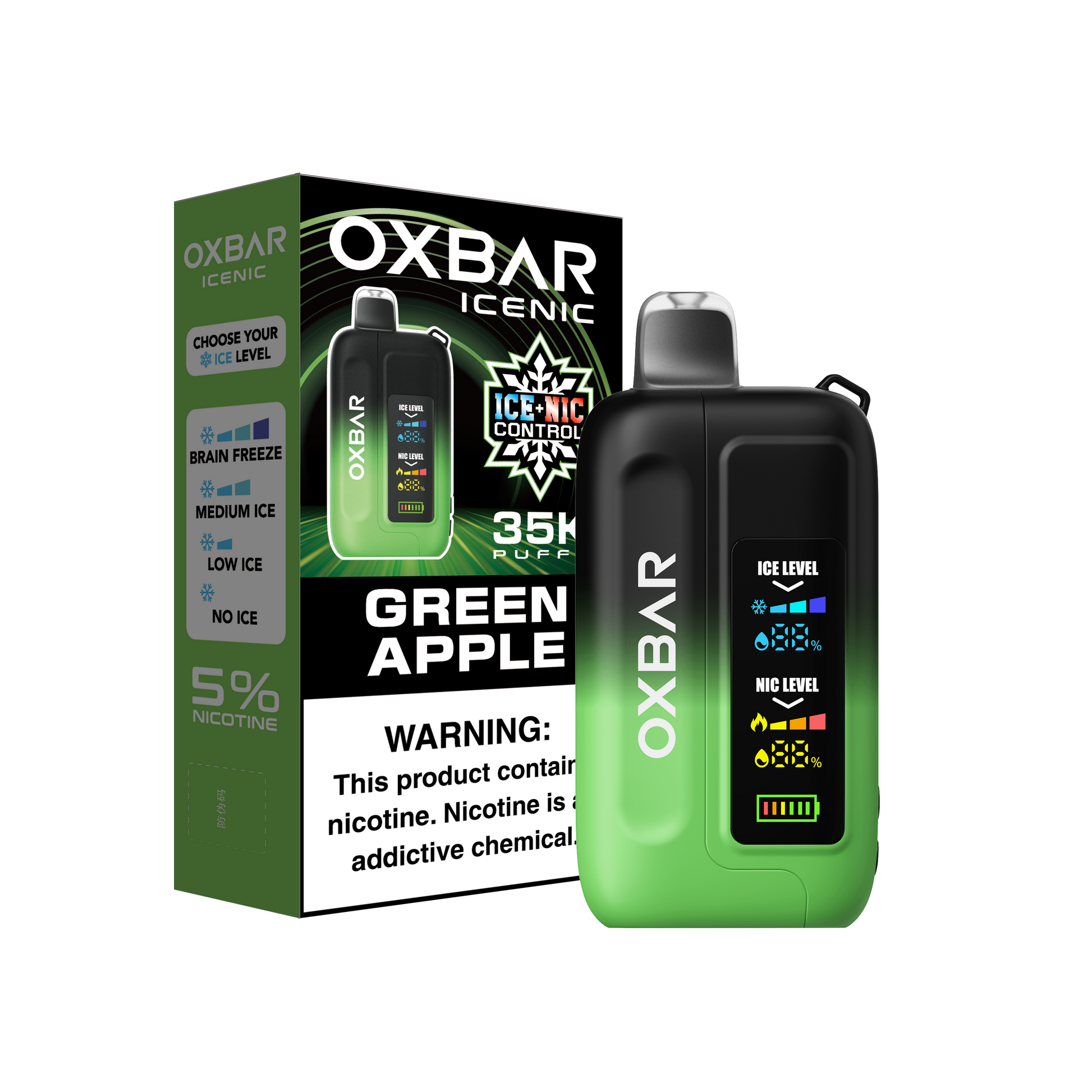 OXBAR ICE-NIC CONTROL 35K disposable vape with green apple flavor and 35,000 puffs, featuring salt nicotine in a sleek design.