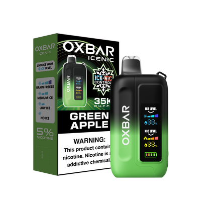 OXBAR ICE-NIC CONTROL 35K disposable vape with green apple flavor and 35,000 puffs, featuring salt nicotine in a sleek design.