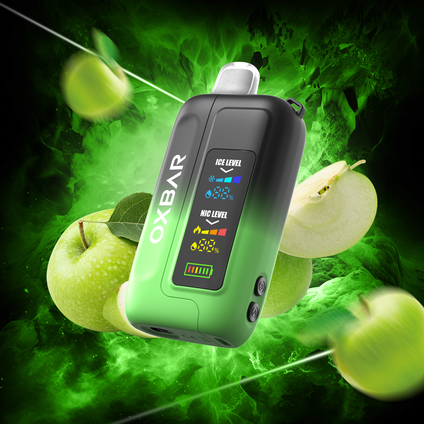 OXBAR ICE-NIC CONTROL 35K disposable vape in green apple flavor, showing the device with green and white design elements