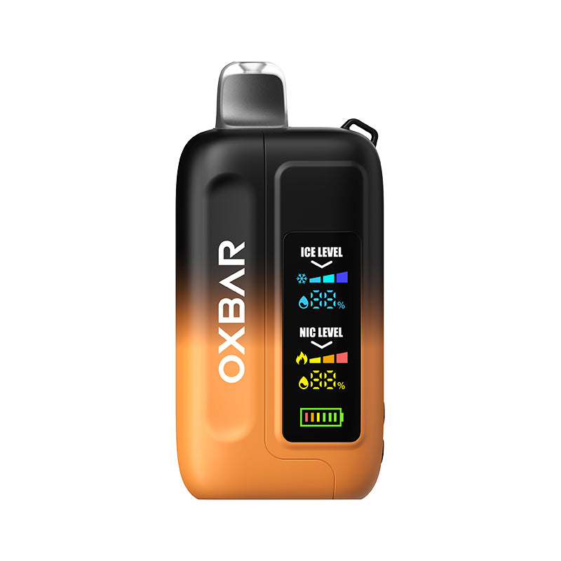 OXBAR ICE-NIC CONTROL 35K disposable vape with Mango Peach flavor, showing the sleek device with colorful branding and flavor label.