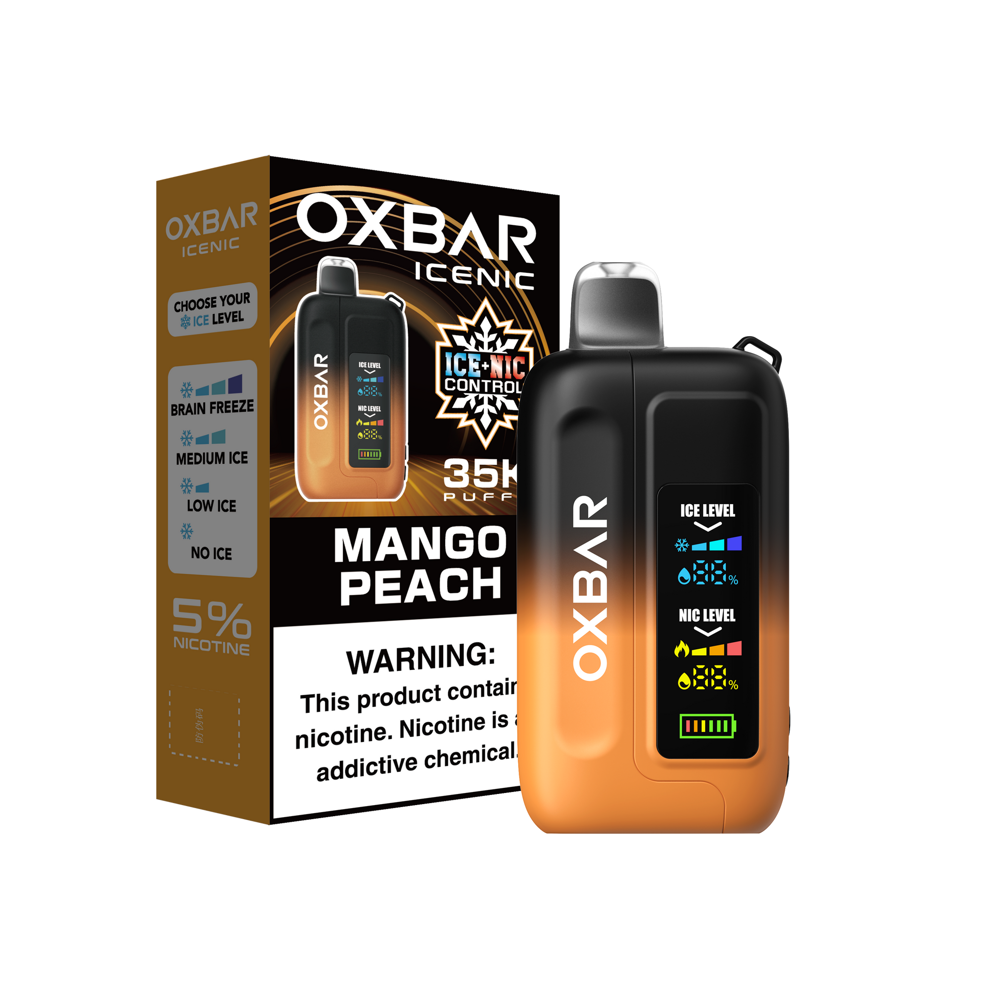 OXBAR ICE-NIC CONTROL 35K disposable vape with Mango Peach flavor, showing the sleek device with flavor branding and a vibrant fruit design.